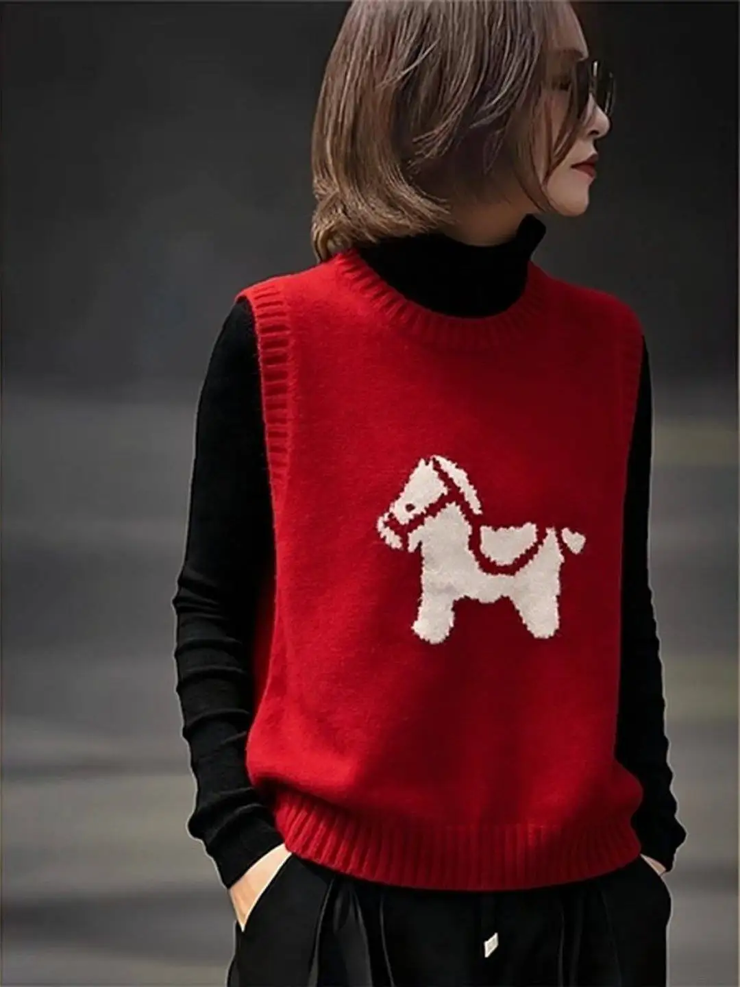 Cartoon Knitted  Sweater Vest Women's Spring Autumn Layering Versatile Sleeveless Knitted Base Top Youthful