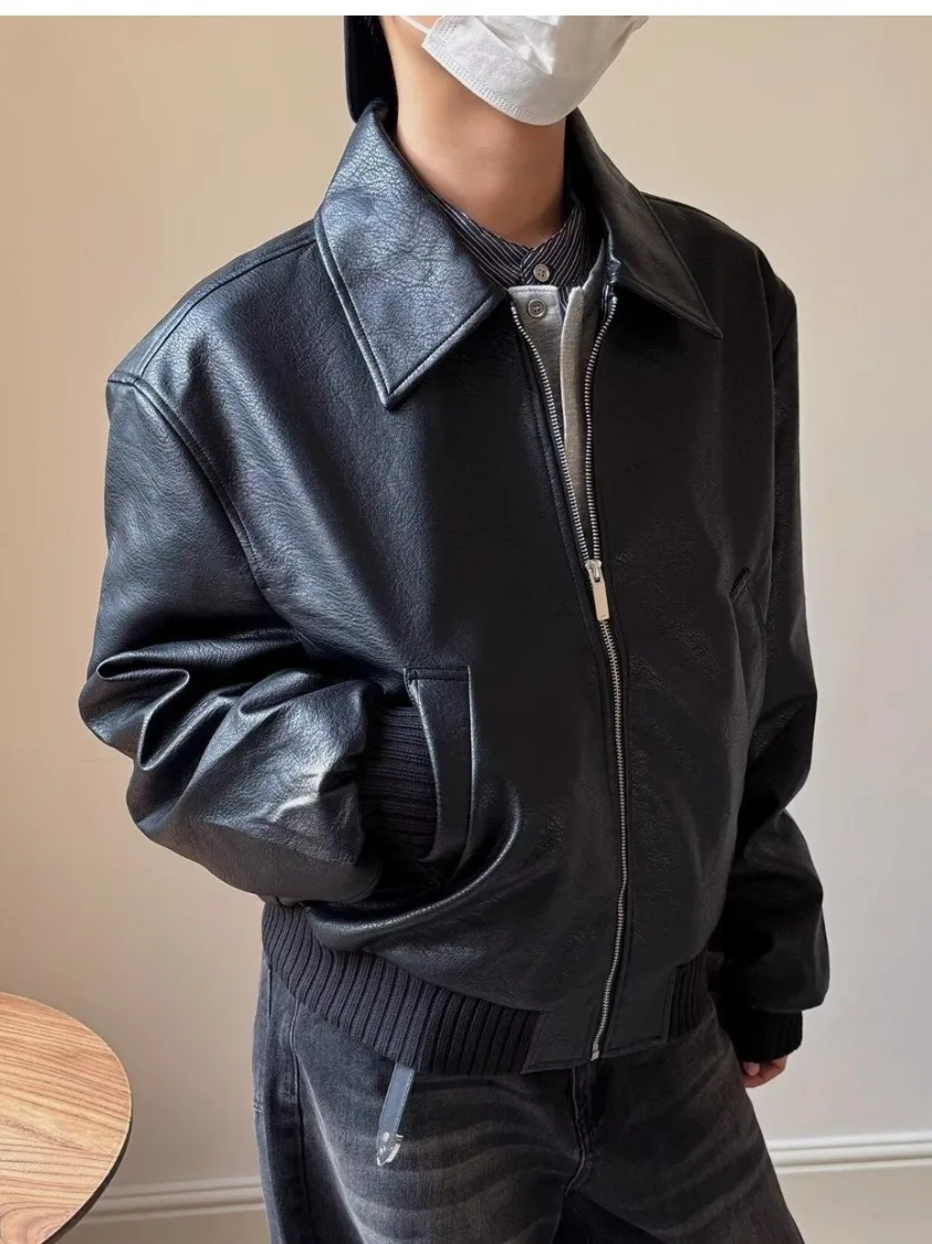 

Американский Sle Свободный крой Bla из искусственной кожи Байкерское пальто с воротником-джатом Мужское осеннее элитное молодежное повседневное пальто