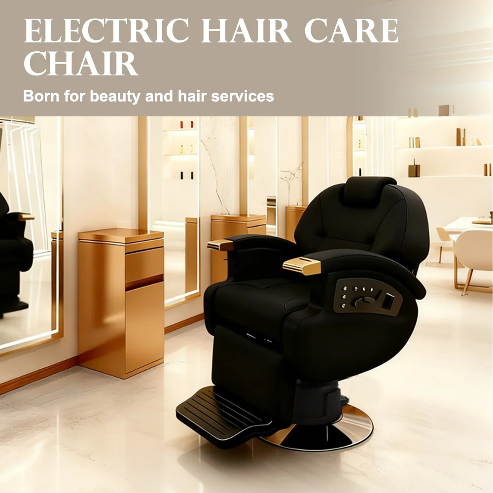 New Adjustable Black Leather Barber Chairs Electric Swivel Reclining Barber Chair With Heating Function Stable Durable