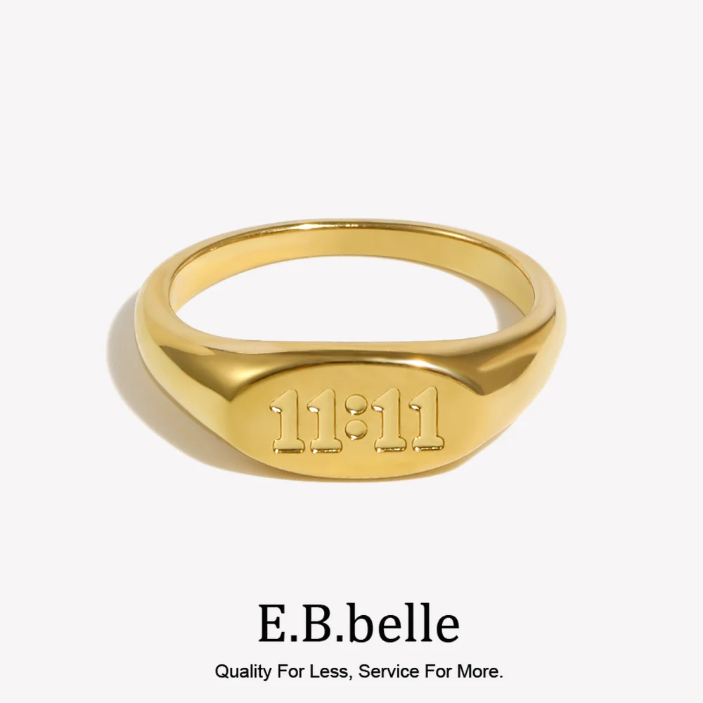 E.B.belle Stainless Steel Number 11:11 Oval Pattern Ring Suitable For Ladies Gift Gold Plated Tarnish Free Jewelry
