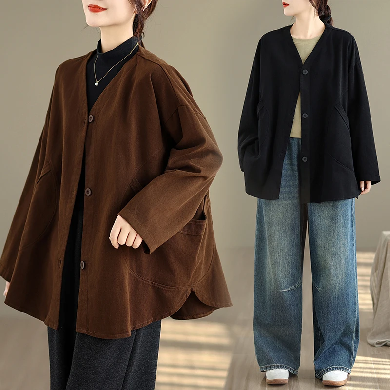 

Slim Fit ort Vintage V-Ne Coat Women's Loose Large Size Faionable Outerwear Pure Color Thin Version Upper Body