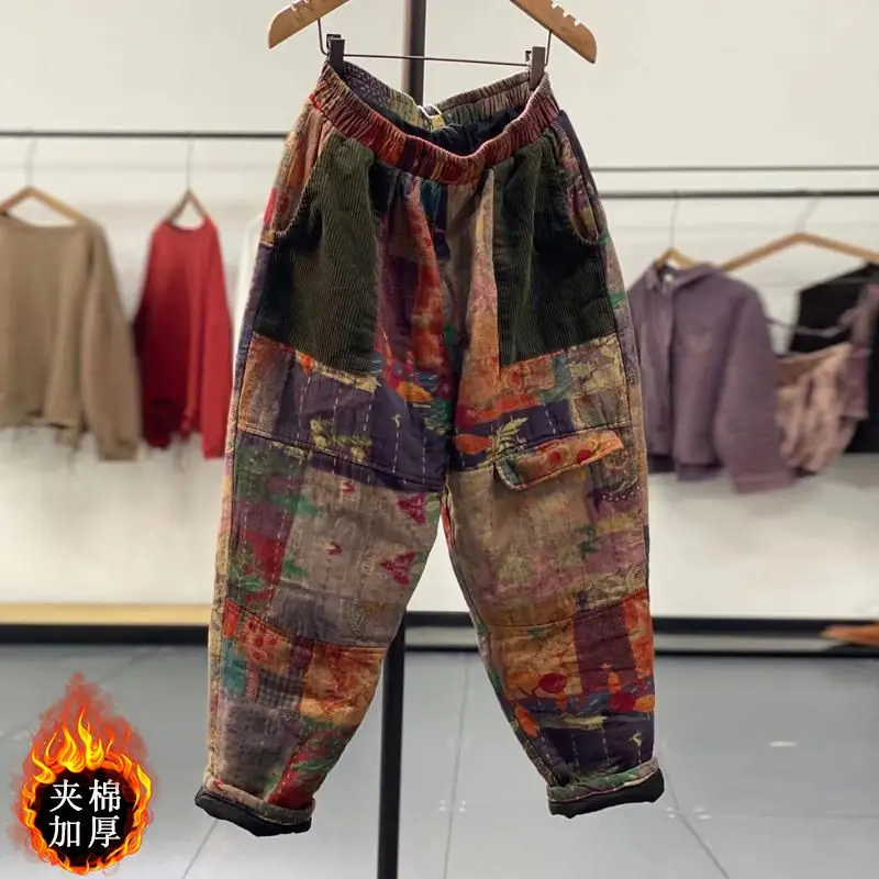 Winter cotton padded thick fashion harem pants women ethnic style retro multi pockets  personalized printed cotton pants