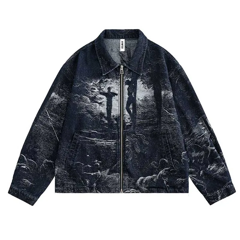 Hip Hop Printed Casual Denim Jackets Streetwear Oversized Spring Autumn Outwear Coats For Male Blue