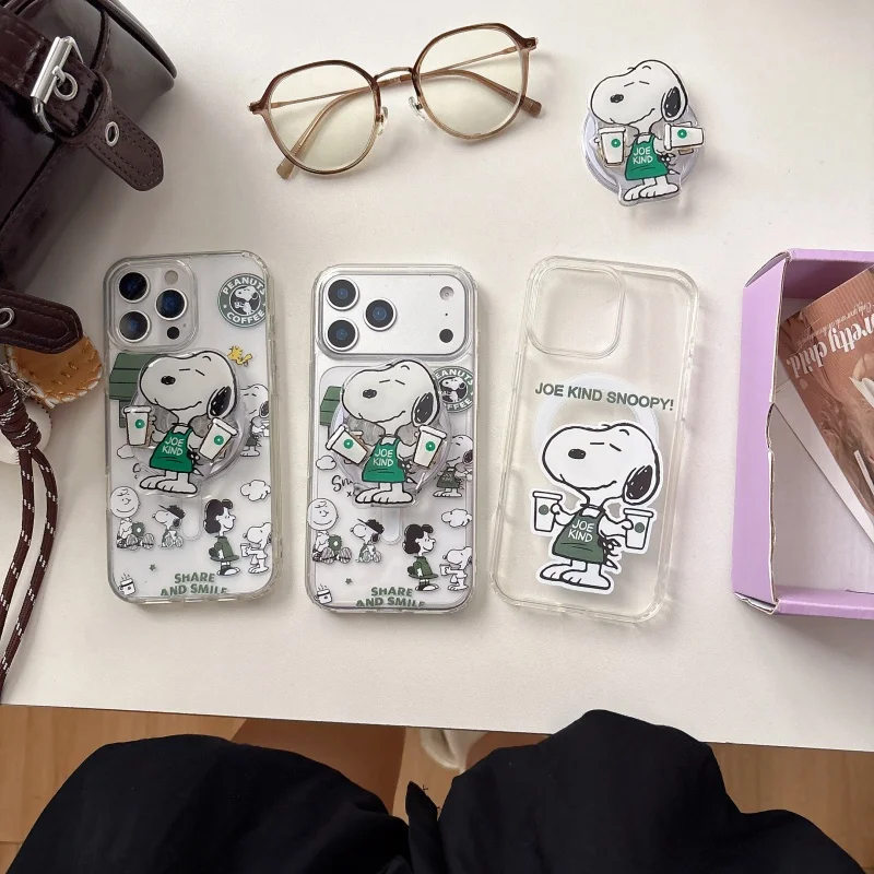 

Funny Cartoon Snoopy Magnetic Holder Case For iPhone 12 13 14 15 16 17 Pro Max Cute coffee Snoopy Magsafe Wireless Charge Cover