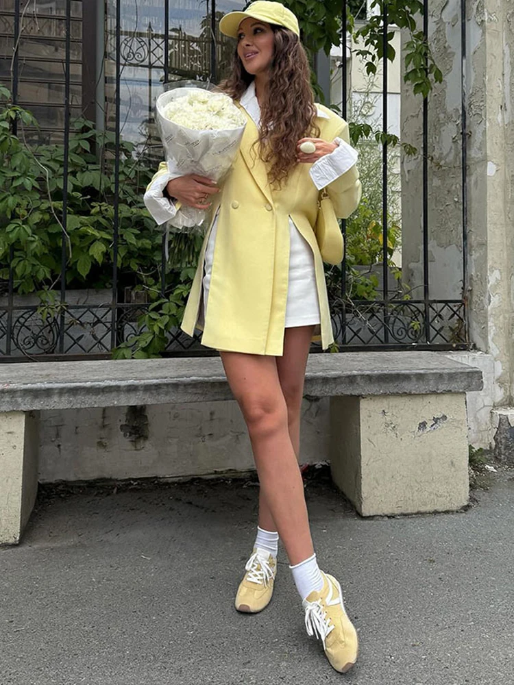 

Желтый женский пиджак с отложным воротником и талией, топ с длинными рукавами, женские куртки, повседневные свободные женские пальто, уличная одежда ﻿