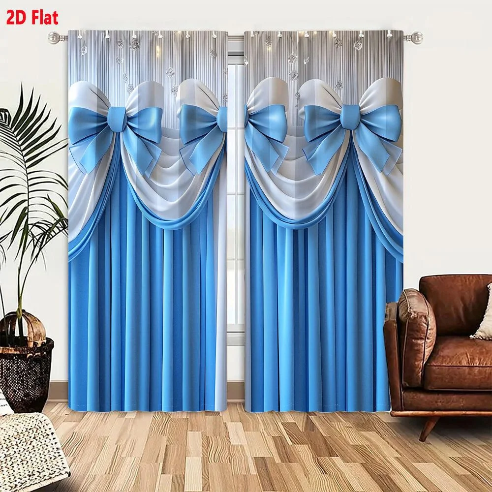 2Pcs Curtains Elegant Blue And White Swag Curtain Backdrop With Crystal Strands For Weddings And Galas Window Drapes for Bedroom