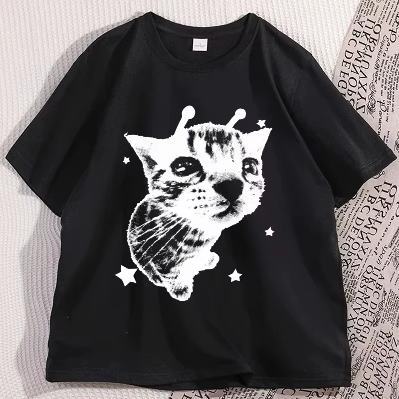Y2K Alien Cat T-Shirts Meme Retro Silly Cat T-Shirt Vintage Kitty Funny T-Shirt Men Women Cotton Grap Harajuku Oversized T Shirt