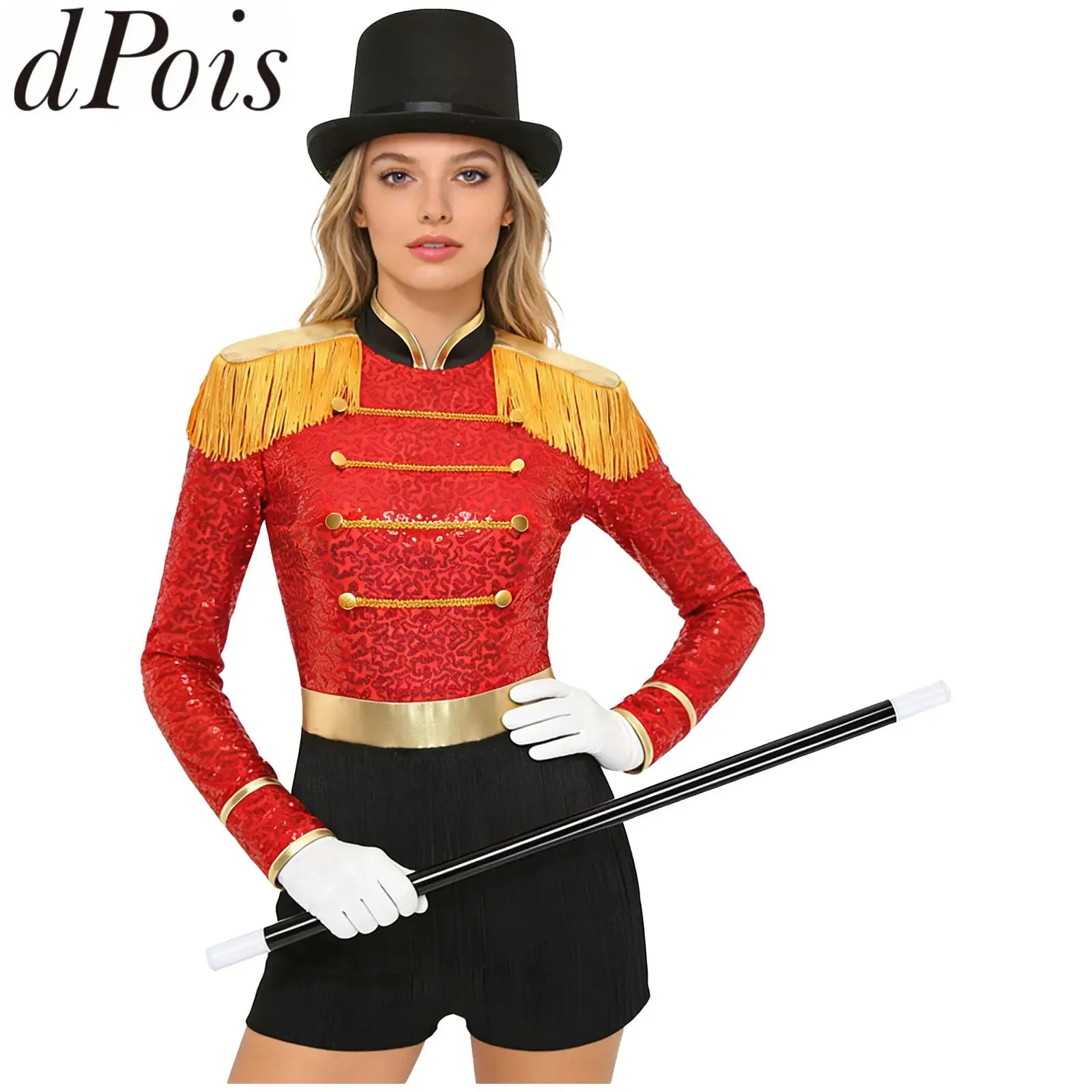 Leotardo de Cosplay de Majorette para mujer, disfraz de maestro de ceremonias de circo, mono, sombrero, baterista, banda de marcha, trajes de actuación en escenario de mago