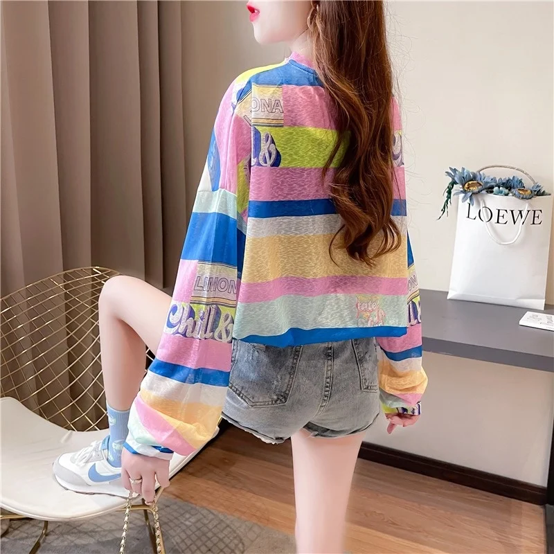 #0643 Sunscreen T Shirt Clorful Stirped Tshirt Long Sleeve Loose Thin Perspective T-Shirt Femme Beach Streetwear Tee Summer 2023