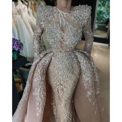 Luxury Mermaid Evening Dress With Train Applique Pearls Round Neck Long Sleeves Custom Made Gown Vestido de novia