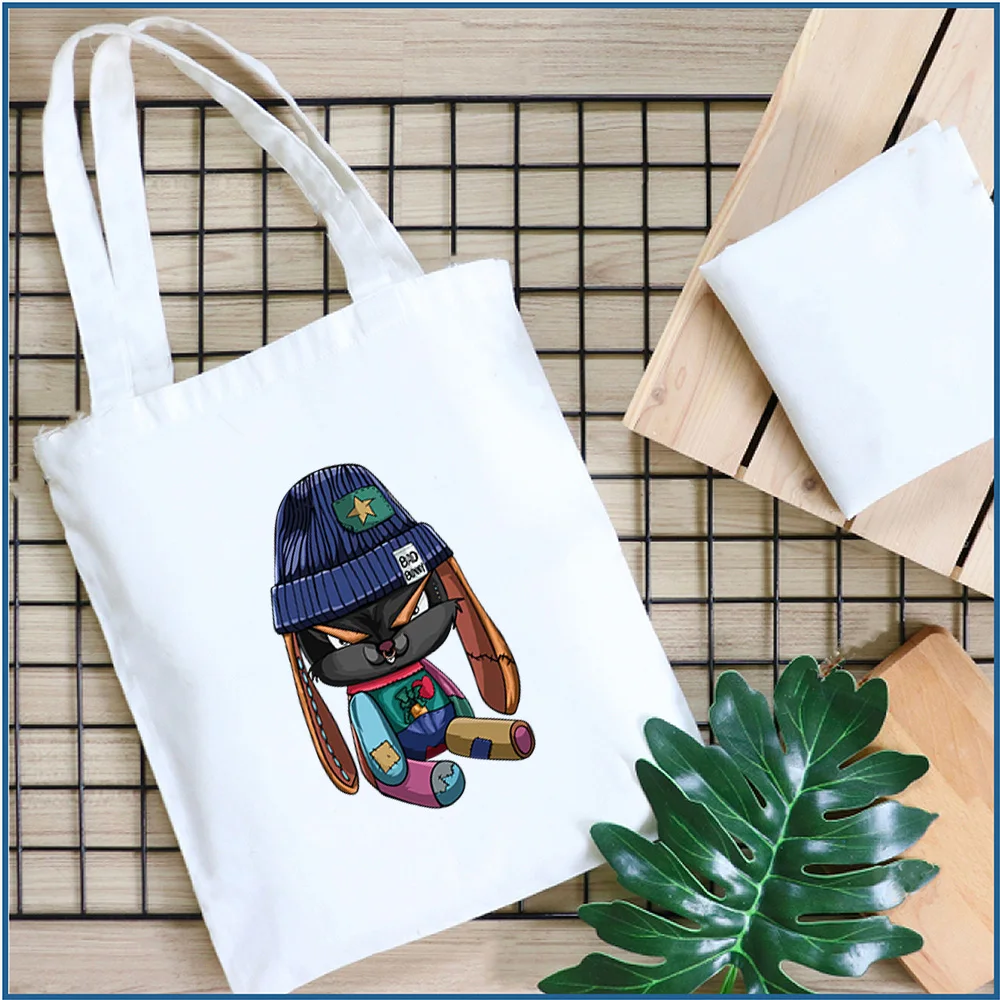 

White Canvas Hand Carry Tote with Urban Rabbit - Durable Reusable Shopping Bag, Storage Organizer for Office, School, Travel