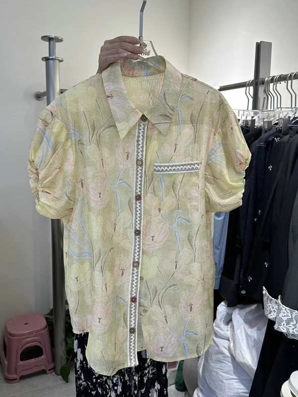 

Рубашка с цветочным принтом, женская рубашка с короткими рукавами и воротником на пуговицах, прямого кроя, летняя модная одежда в европейском стиле