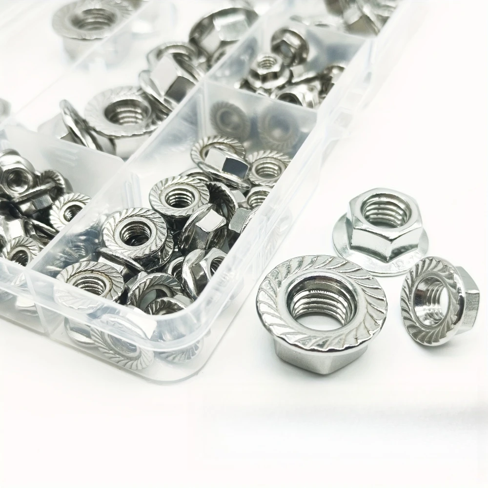 138 قطعة 304 الفولاذ المقاوم للصدأ شفة المكسرات مجموعة 7 حجم مسننة سداسية شفة الجوز DIN6923 المضادة للانزلاق المكسرات M3 M4 M5 M6 M8 M10 M12