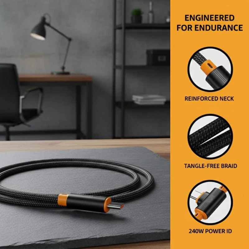 Type C Elbow Data Cable 240W USB Fast Charging 1PC Sturdy and Flexible for Tablet Mobile Game and Office Desk