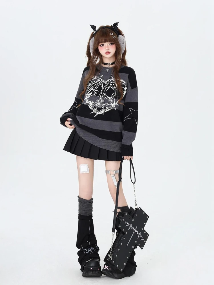 QWEEK Skull Heart Love Print Striped Sweater Gothic Goth Hrajuku Vintage Y2k Coquette Star Pullovers Knitted Knit Top 2024