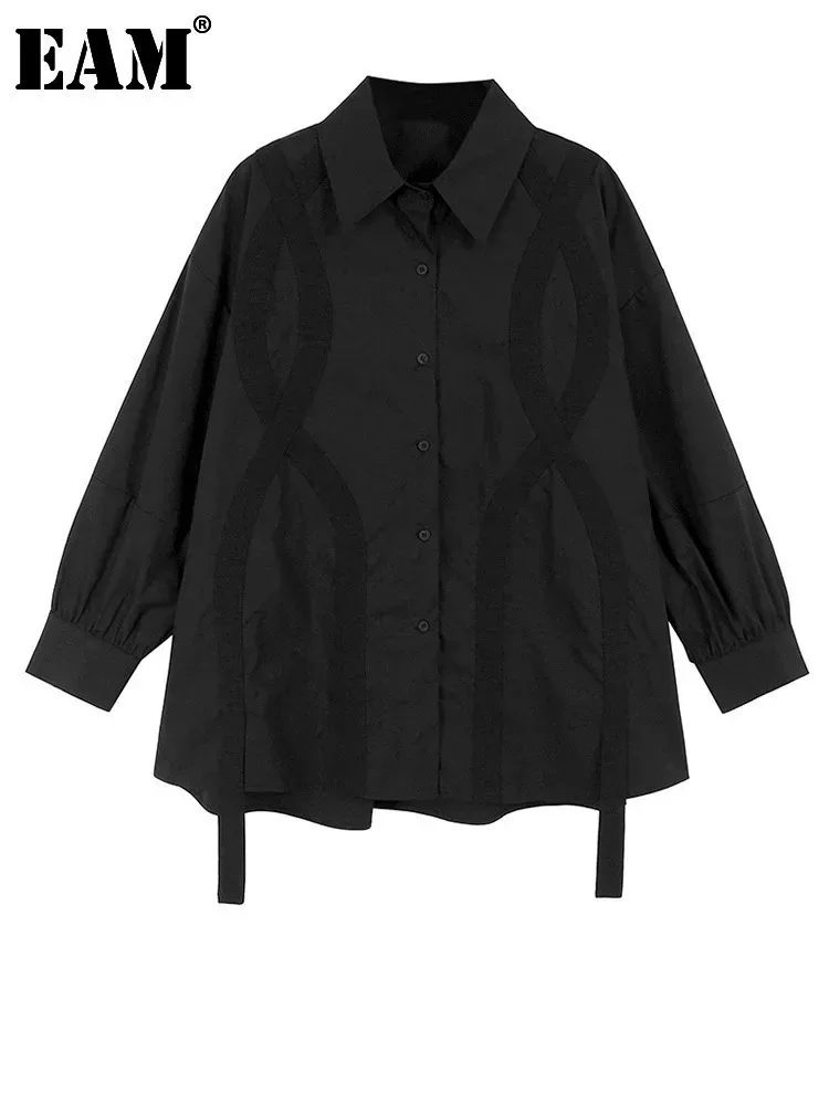 

[EAM] Women Black Cross Ribbon Big Size Casual Blouse New Lapel Long Sleeve Shirt Fashion Tide Spring Autumn 2024 1DH4579