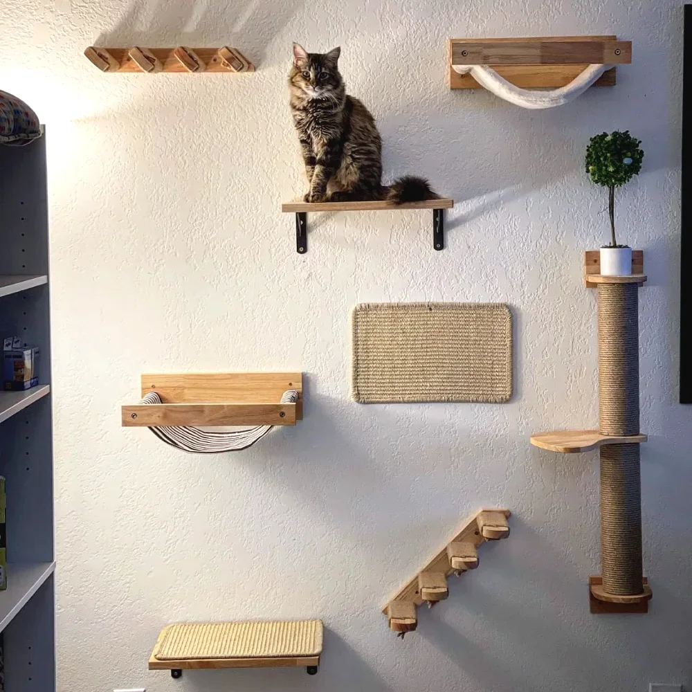 

Wall Mounted Cat Climbing Shelves Wooden Cat Trees with Sisal Scratching Post Hammock Steps Pet Furniture for Cats Paly Sleep