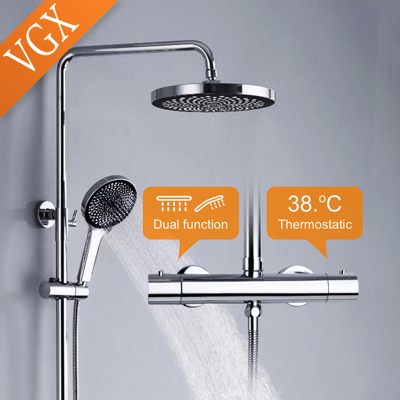  VGX Thermostatic Shower System Intelligent Brass Bathroom Shower Set 2 Function Shower System Round Shower Head Handheld Sprayer 