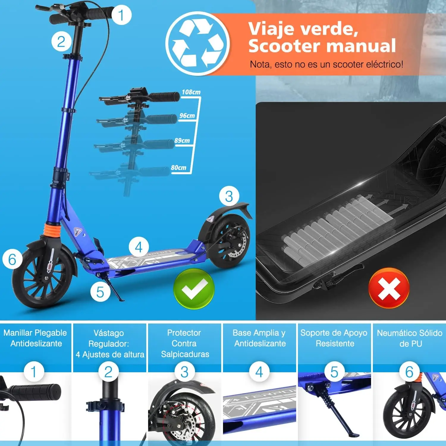 Kinderen Skateboards, 4 Niveaus Verstelbare Stuur Kick Scooter, Polyurethaan Wiel Skateboard, Opvouwbaar Aluminium Frame