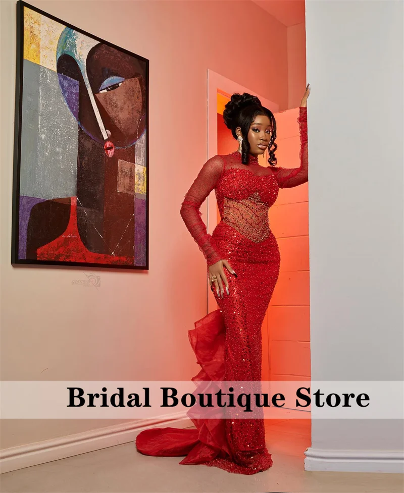 Elegant Red Prom Dresses 2024 Mesh Sleeves Sparkly Beads Crystals African Evening Gowns Wedding Gown Fashion Party