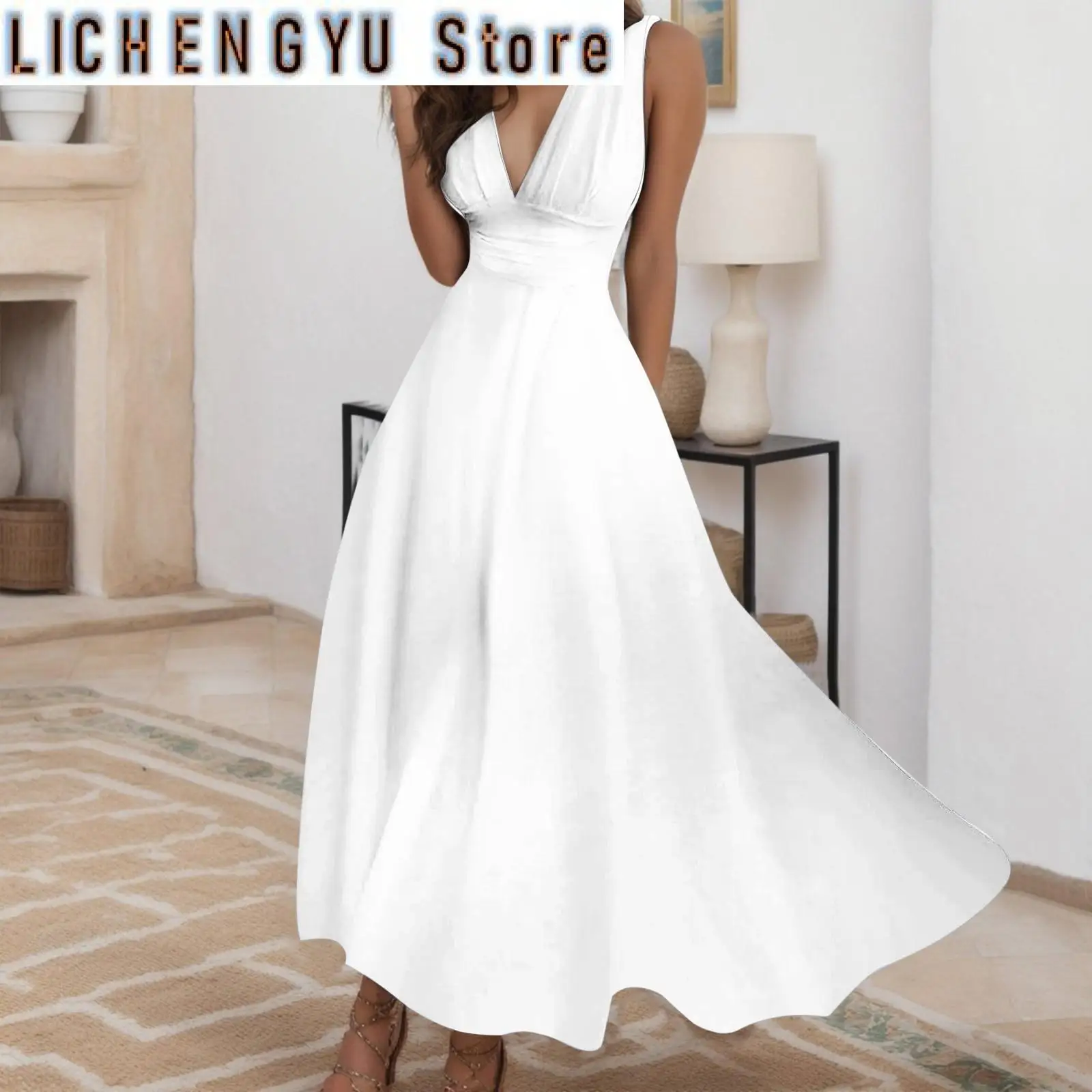 

Women Fashion Casual Dresses Spring And Summer Solid Color Sleeveless V Neck Side Zipper Style Long Dress Elegant Sundress