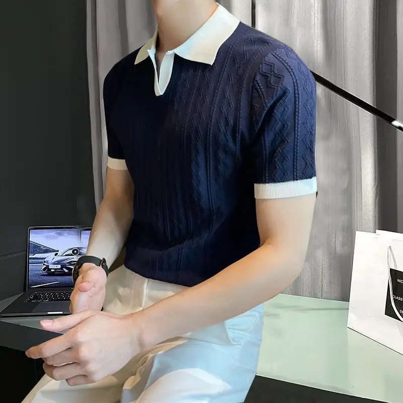 Suéter de manga corta de marca de moda, ligero y maduro, bloqueado de Color, para solapa de hombre, camisa POLO delgada con textura Jacquard fina