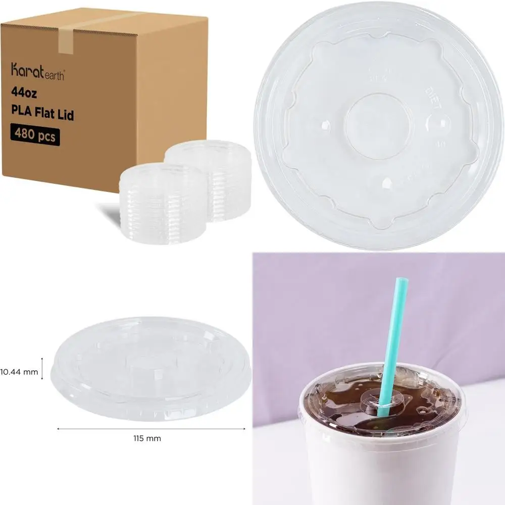 

Плоская крышка PLA диаметром 115 мм для бумажных холодных стаканчиков емкостью 44 унции, объемный футляр, 480 шт.