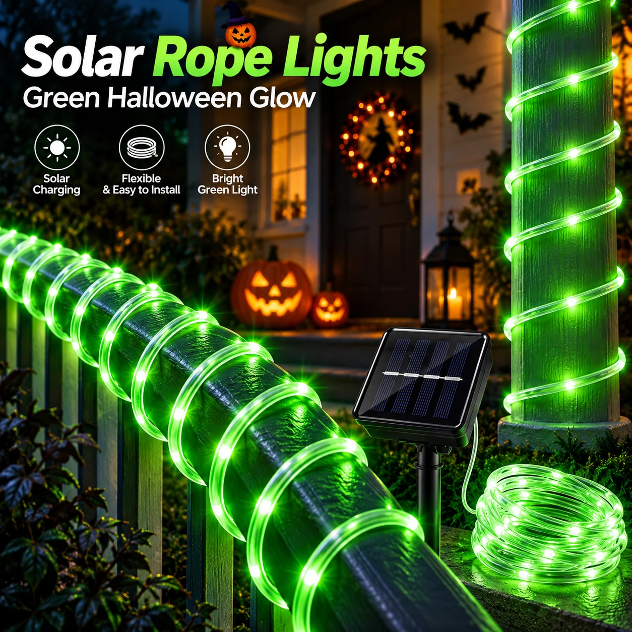 Halloween Rope Lights Solar Green LED Tube 50/100/150/200LED 8 Modes Auto On for Garden Fence Porch Yard Haunted House Decor