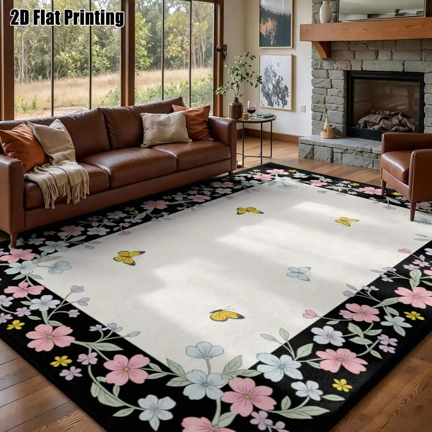 1Pc 2D Printed Carpet: Pink Flower & Butterfly Border, Nordic/Instagram/Modern Minimalist/Vintage Geometric Striped Style, Machine Washable, Multi-Size, Suitable for Home Decor Such as Entryway, Dining Room, Foyer, Bedroom, Living Room Mats
