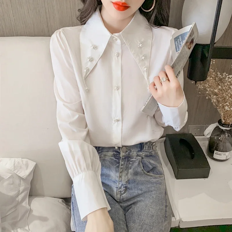 Elegant White Office Blouse Shirts Women Fashion Autumn Winter Beading Blusas Mujer Korean Clothing Slim Puff Sleeve Ladies Tops