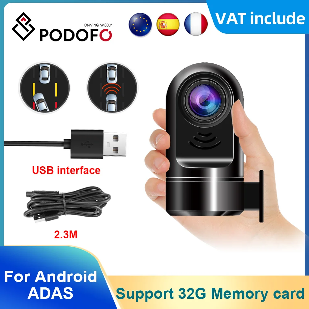 Podofo ADAS Auto DVR Camera HD 1080P Dash Camera USB Loop Record G-sensor 360° Rotate Car Recorder For Android