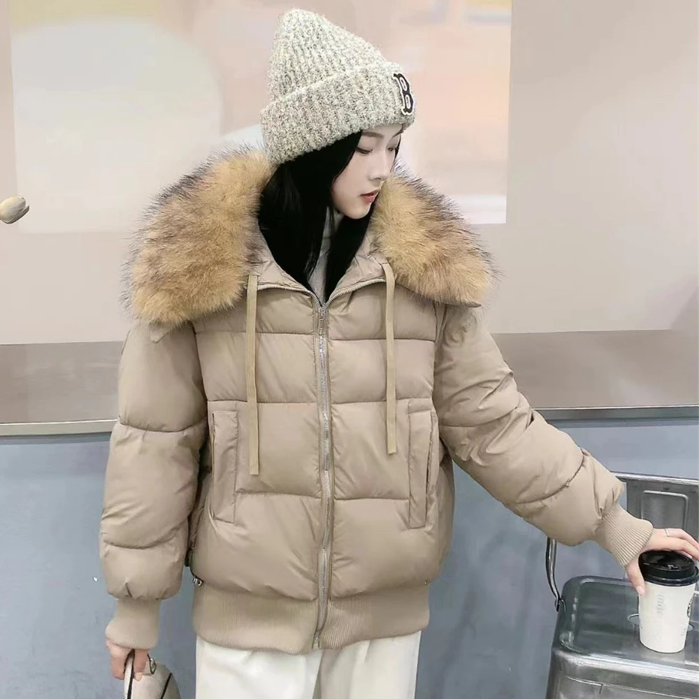 المرأة سترة منفوخة أحدث الأبيض بطة أسفل معطف قصير سترات الإناث الحقيقي الطبيعي الراكون معطف الفرو 2025 الشتاء سميكة فضفاضة عادية