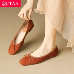 QUTAA 2024 Women Flats Heel Spring Summer Kid Suede Round Toe Basic Black Office Lady Working Shoes Woman Size 34-43