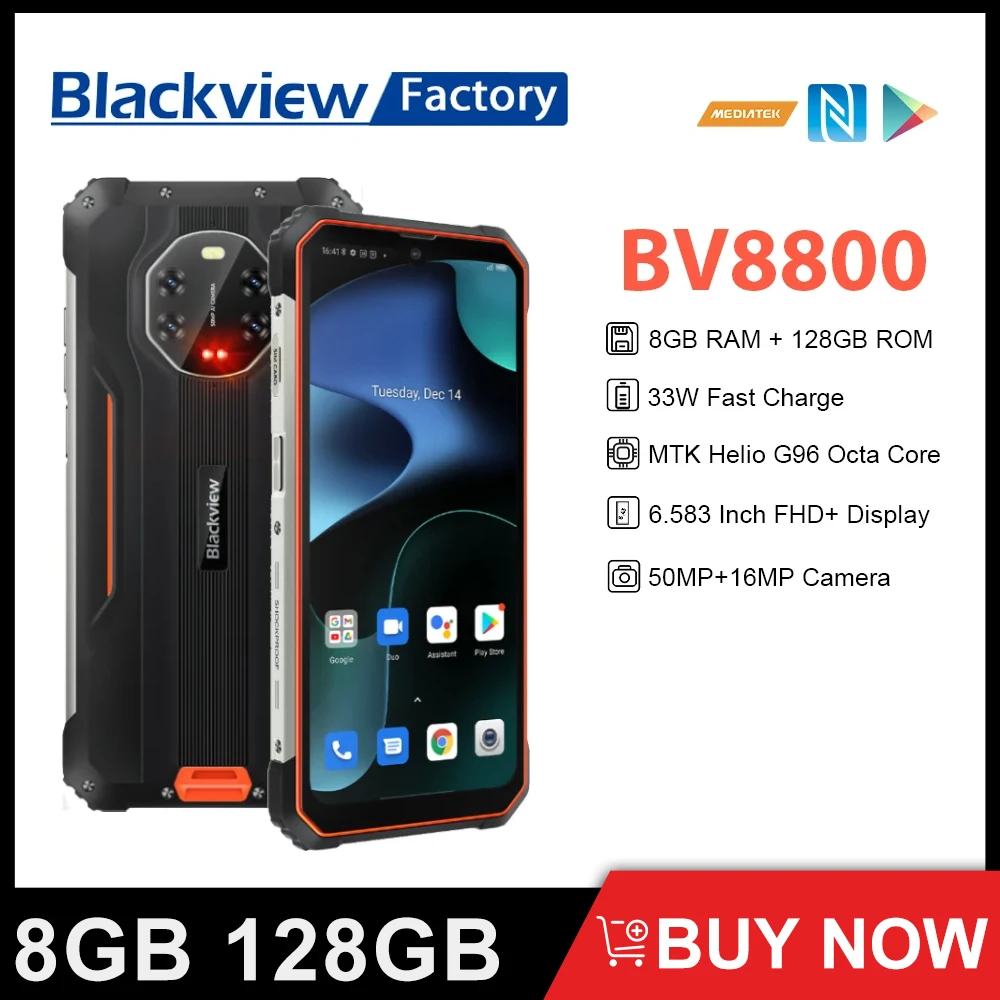 BLACKVIEW BV8800 Smartphone 8GB+128GB Helio G96 50MP Camera Mobile Phone 8380mAh 33W Fast Charge 6.58 Inch 90Hz Display