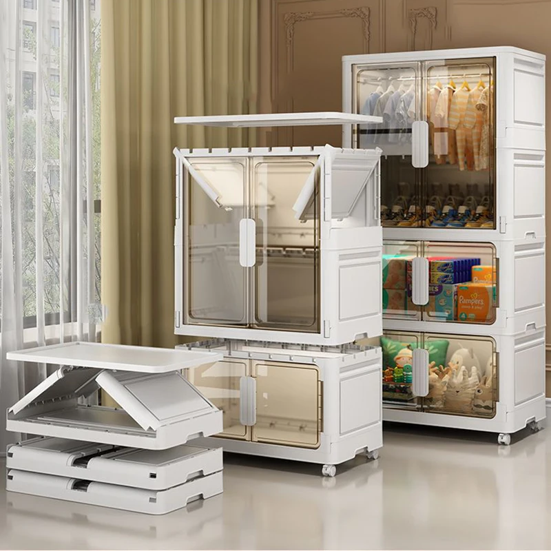 Transparent Cabinets Storage Children Foldable Wardrobes Organizer Mobile Closet Clothes Containers Cupboard Bin Furniture