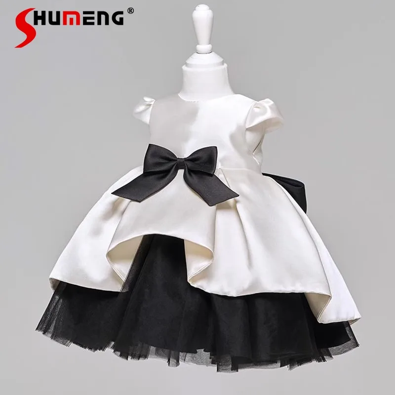 

Корейское платье для девочки на первый день рождения с бантом, черно-белое, праздничное, принцессное, детское, из высококачественного атласа, пышное