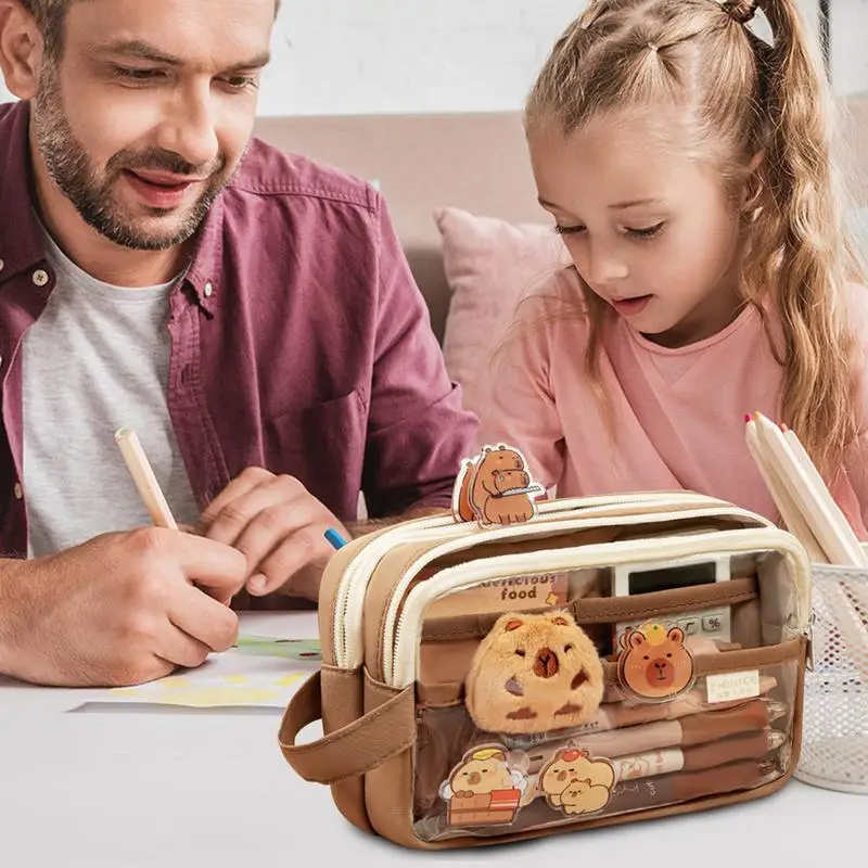Clear Pencil Case With Cute Capybara Plush And Pins Aesthetic Pencil Pouch Cute Office Large Capacity Multi-layers Pen Case
