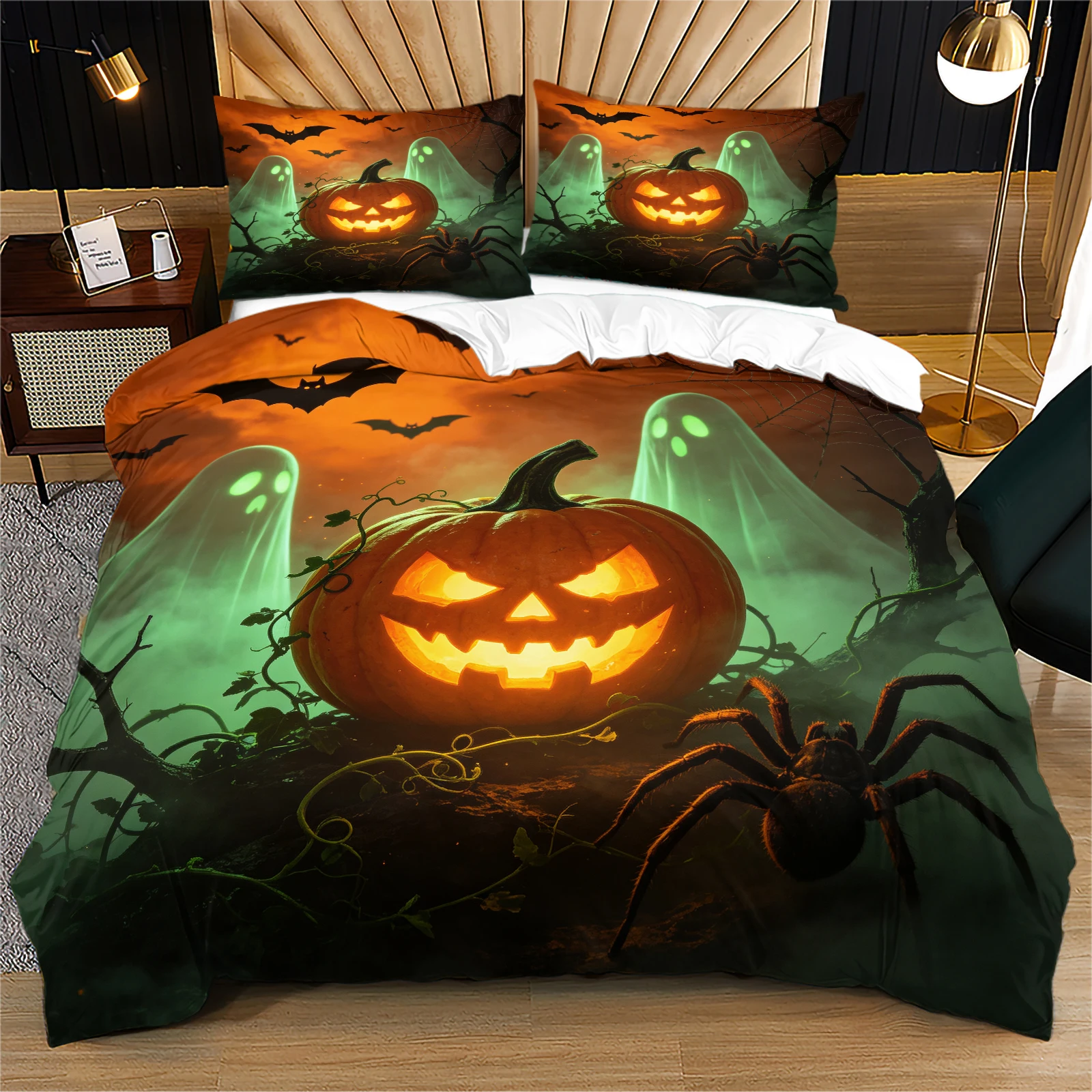 Scary Halloween Duvet‑Cover Set Glowing Green Ghost Jack‑O‑Lantern Bat Spider Print Soft Bedding Set Spooky Night Bedroom Decor