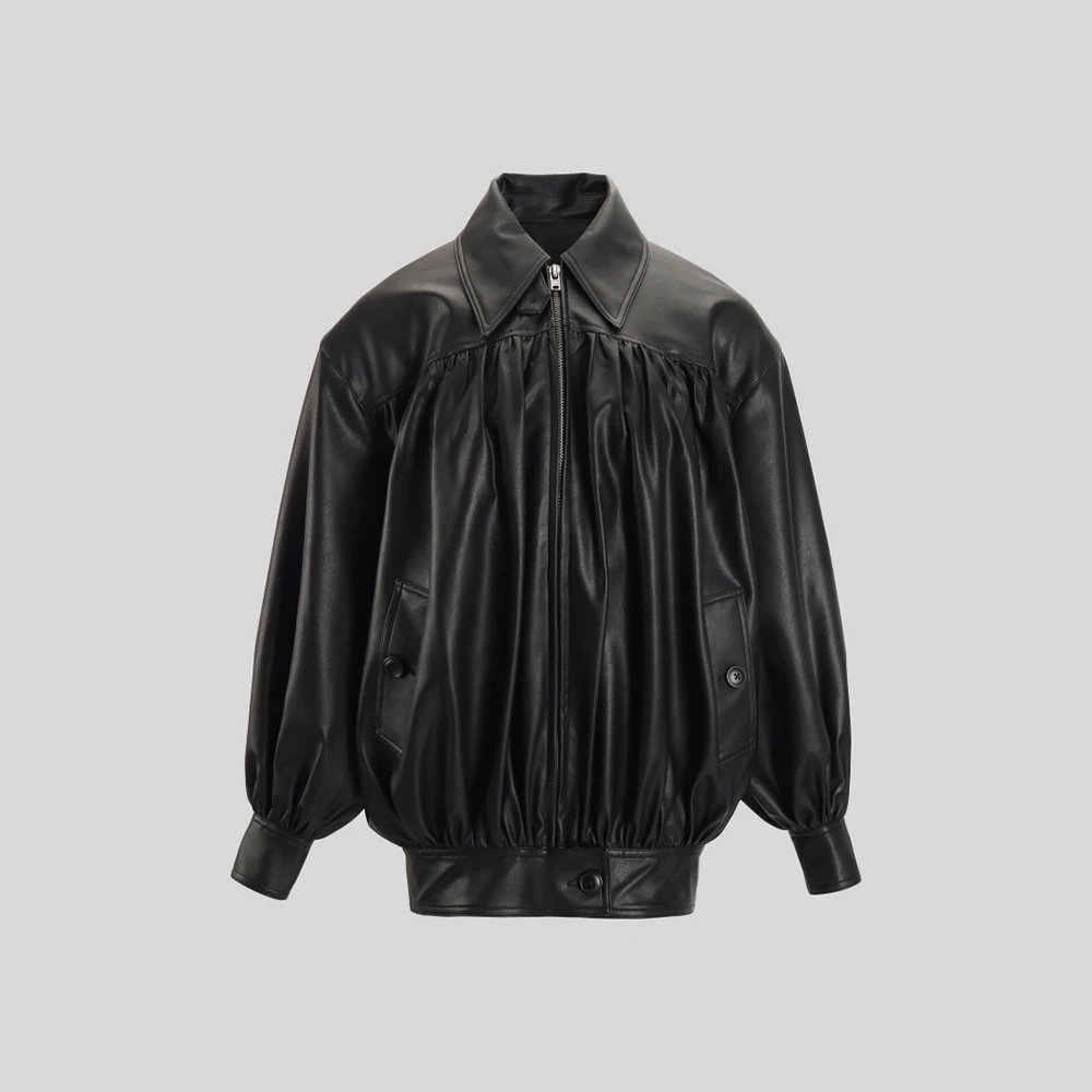

Black Vintage Oversized PU Leather Jacket for Women Elegant Commuter Collared Long-Sleeve Leather Jacket 2025 Winter New Y2K