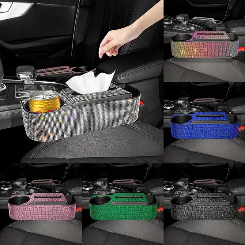 Multifunction Crystal Car Tissue Box 3 In 1 Towel Box Drink Card Holder Car Seat Gap Storage Box Rhinestone Car Accessories