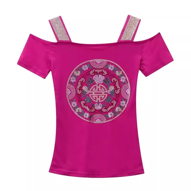 New European Clothes Summer Fashion Sexy Off Shoulder T-Shirt Design Shiny Diamonds Women’s Mesh Tops All Match Tees Blouse