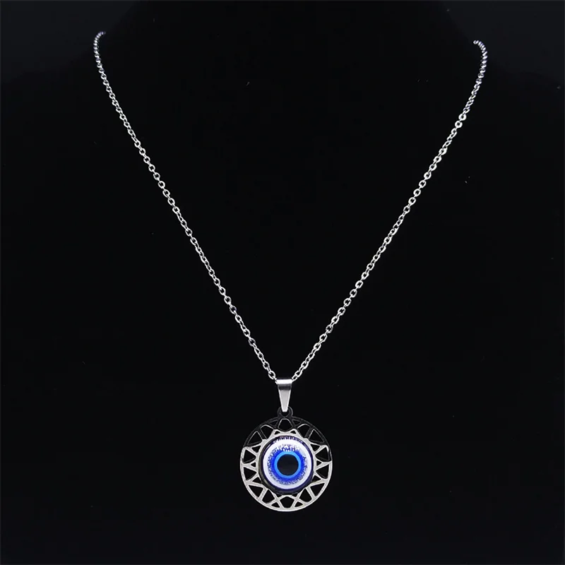 Fashion Turkish Blue Eye Pendant Necklace Stainless Steel Silver Color Blue Lucky Eyes Necklaces Gift Jewelry Collier N8023S01