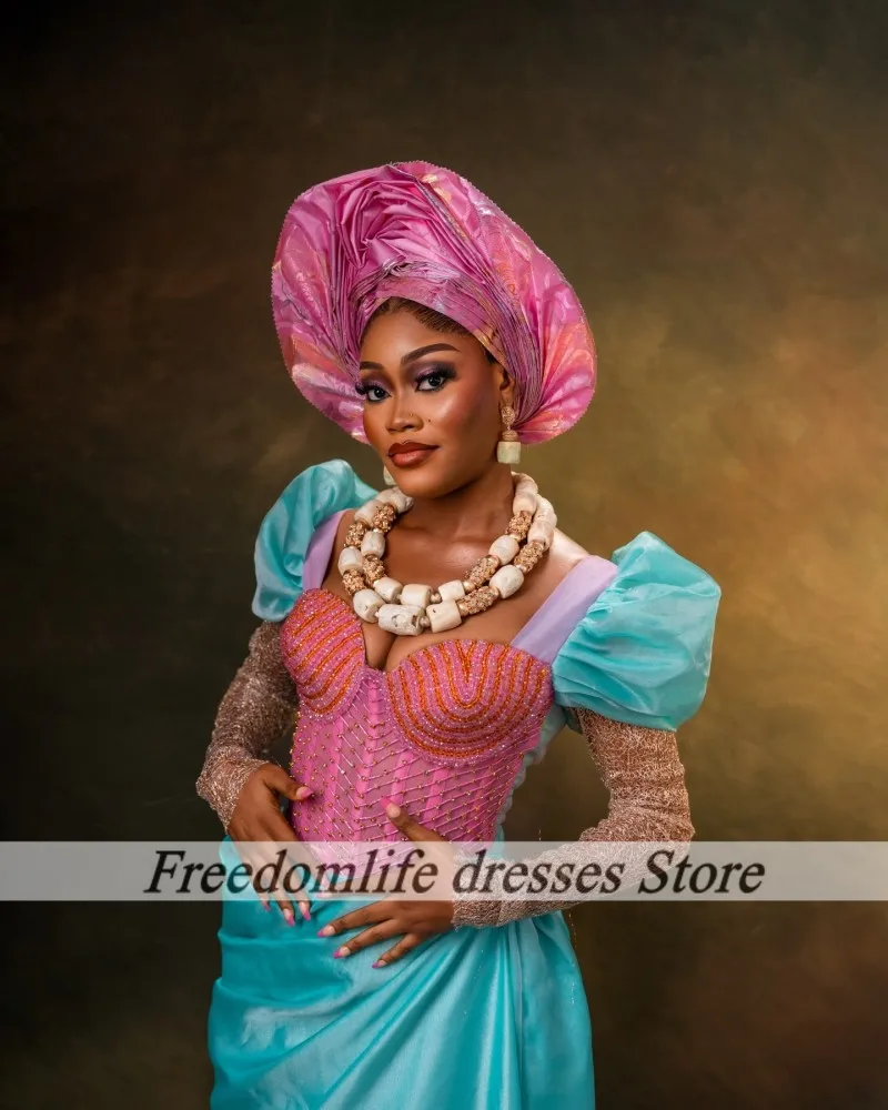 Aso Ebi Avondjurken Lange Mouwen Sweetheart Kralen Afrikaanse Zeemeermin Bruiloft Jurk Nigeriaanse Vrouwen Prom Jassen Aangepast