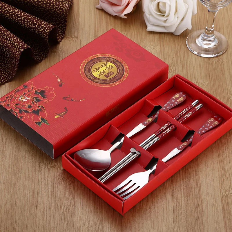 Blue And White Porcelain Stainless Steel Tableware Easy To Clean High Quality Dinner Set Box Fork Chopsticks Spoon Tableware