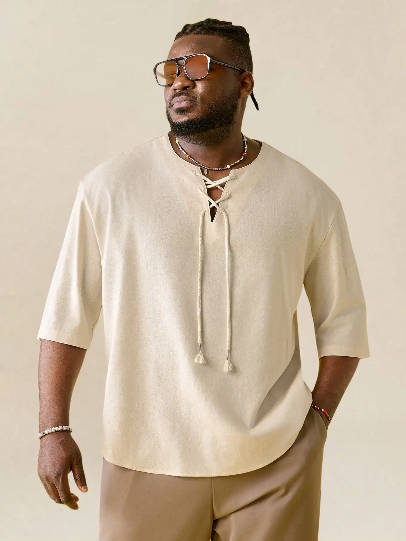 

Men Casual Loose Woven Short Sleeve Lace-Up Shirt Summer