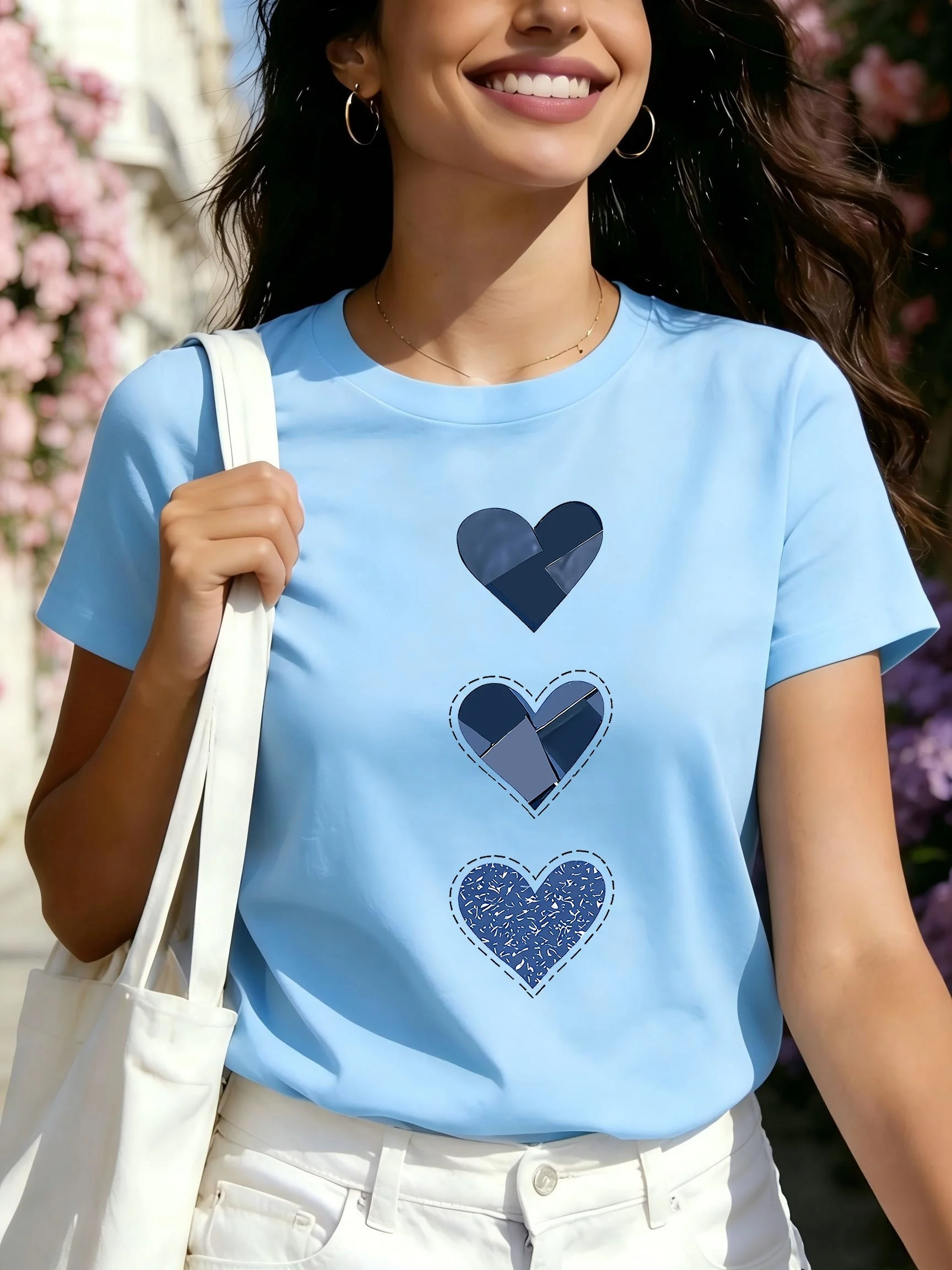 Women's Short Sleeved T-shirt with Three Blue Heart Printed Casual Tops Available in Multiple Sizes for Casual Holiday Tops