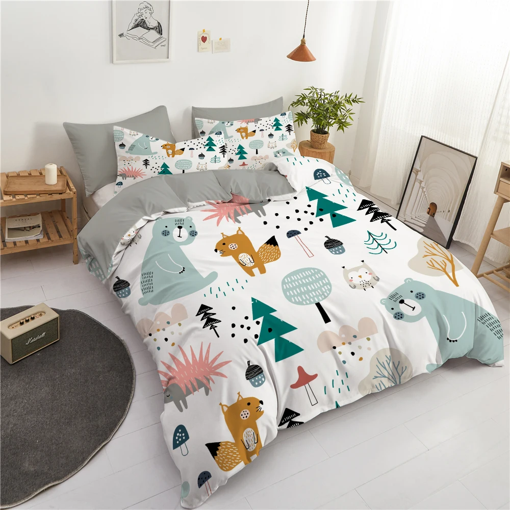 

Woodland Theme King Queen Duvet Cover Cute Cartoon Animal Bedding Set Bear Tree Wildlife Comforter Cover Polyester Quilt Cover