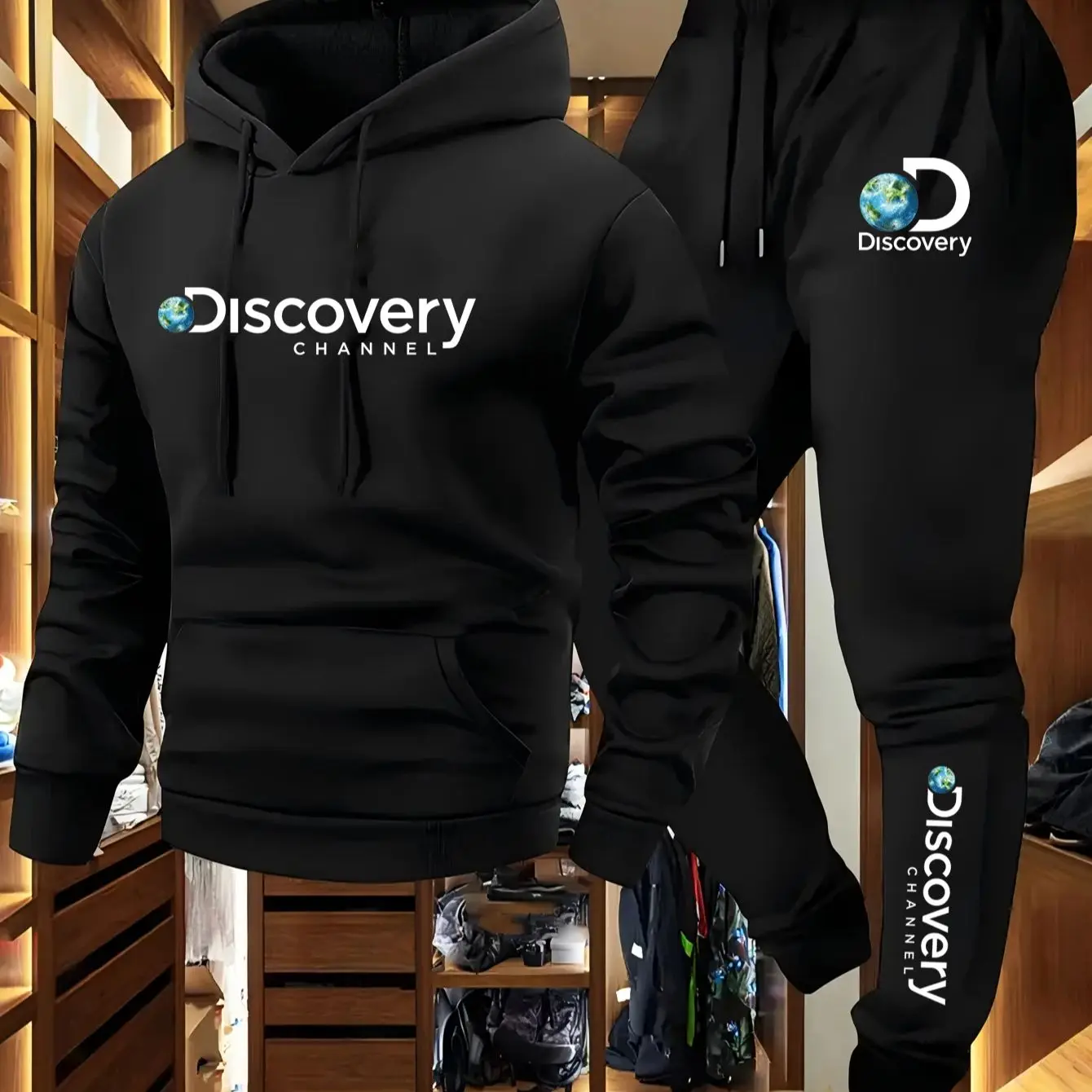 ديسكفري 2025 الرجال شتاء جديد عادية كنزة بغطاء رأس من الصوف + Sweatpants مريحة ودافئة فضفاضة قطعتين دعوى للرجال والنساء لطيف