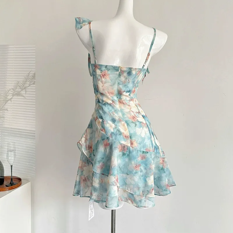 ملابس سباحة كورية مثيرة مطبوعة بالزهور الخضراء قطعة واحدة مكشكشة غير منتظمة بدون ظهر فستان قصير كولوتيس بيكيني ملابس سباحة مبطنة