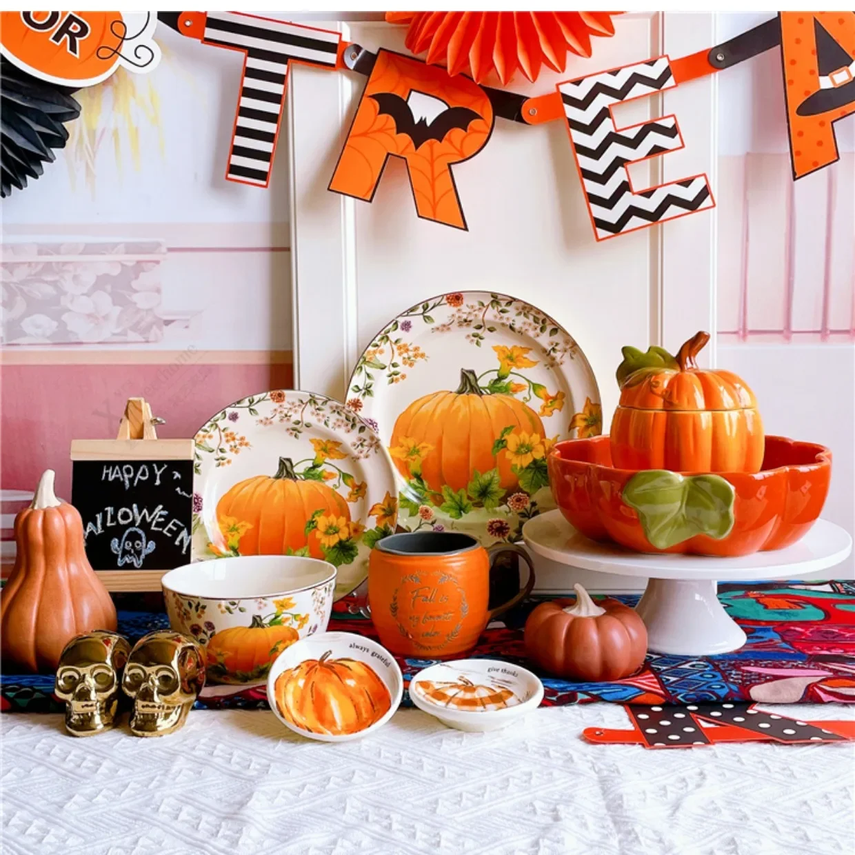 Ceramic Tableware Set Halloween Pumpkin Series Dessert Snacks Fruit Plate Western Steak Tray Bowl Party with Cups Gift Ornaments